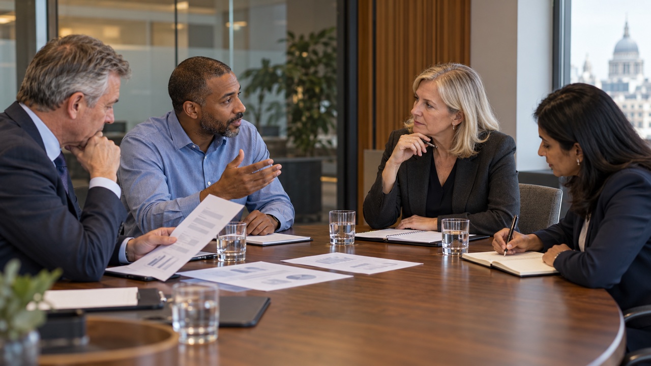 A governance team discussing reports and recording decisions around a boardroom table