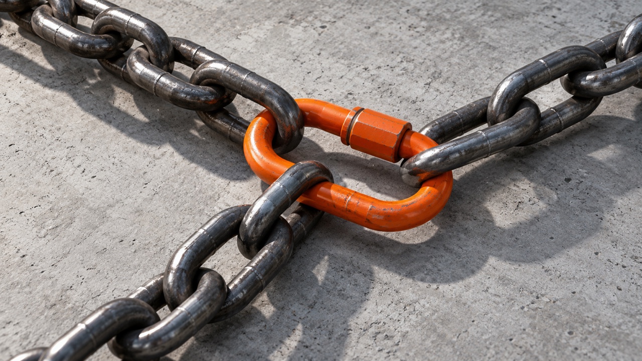 Three steel chains joined by one orange connector, representing interconnected risks managed together