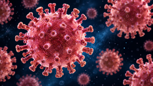 Close-up illustration of coronavirus particles against a dark blue background