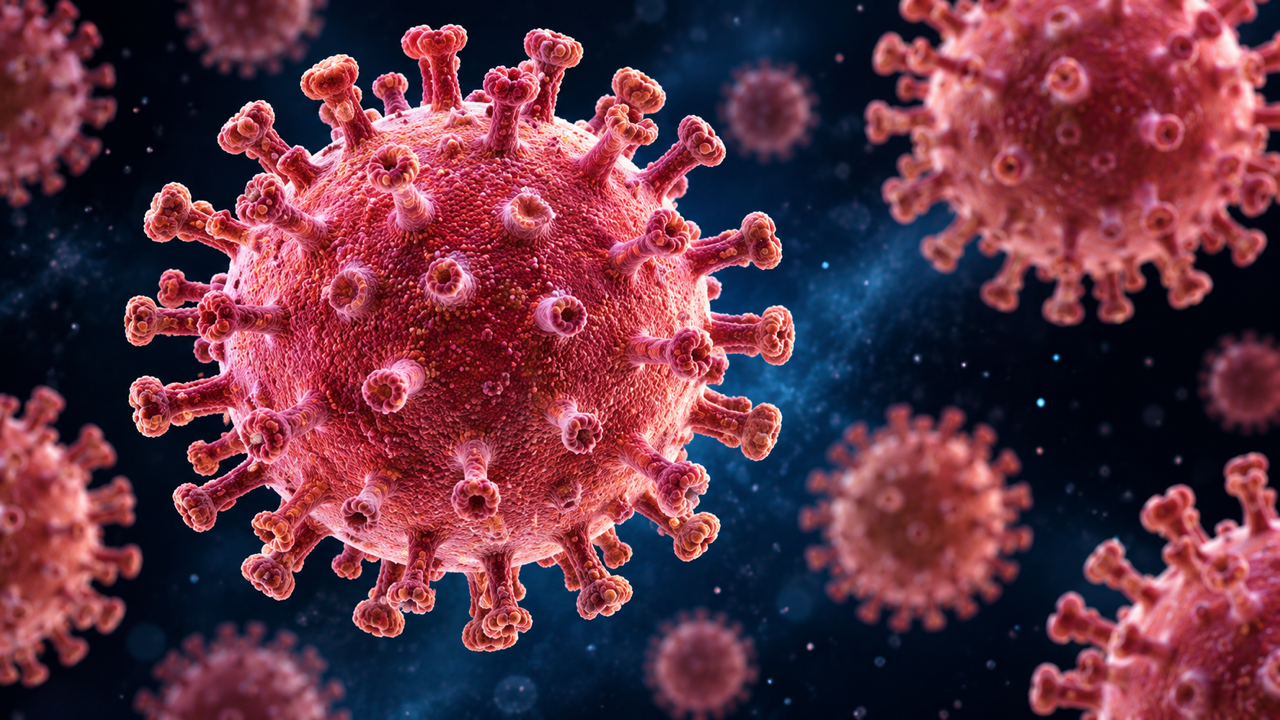 Close-up illustration of coronavirus particles against a dark blue background