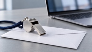 A metal whistle on a sealed envelope beside a laptop, representing whistleblowing and online reporting