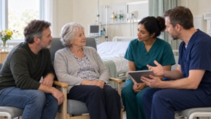 A patient and family member discussing a care plan with a nurse and doctor in a hospital room