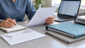 An office worker reviewing correspondence beside organised files and a laptop