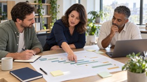 A project team reviewing a delivery timeline, milestones and dependencies together