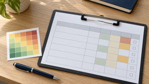 A blank risk assessment sheet on a clipboard beside a colour-coded risk matrix and pen