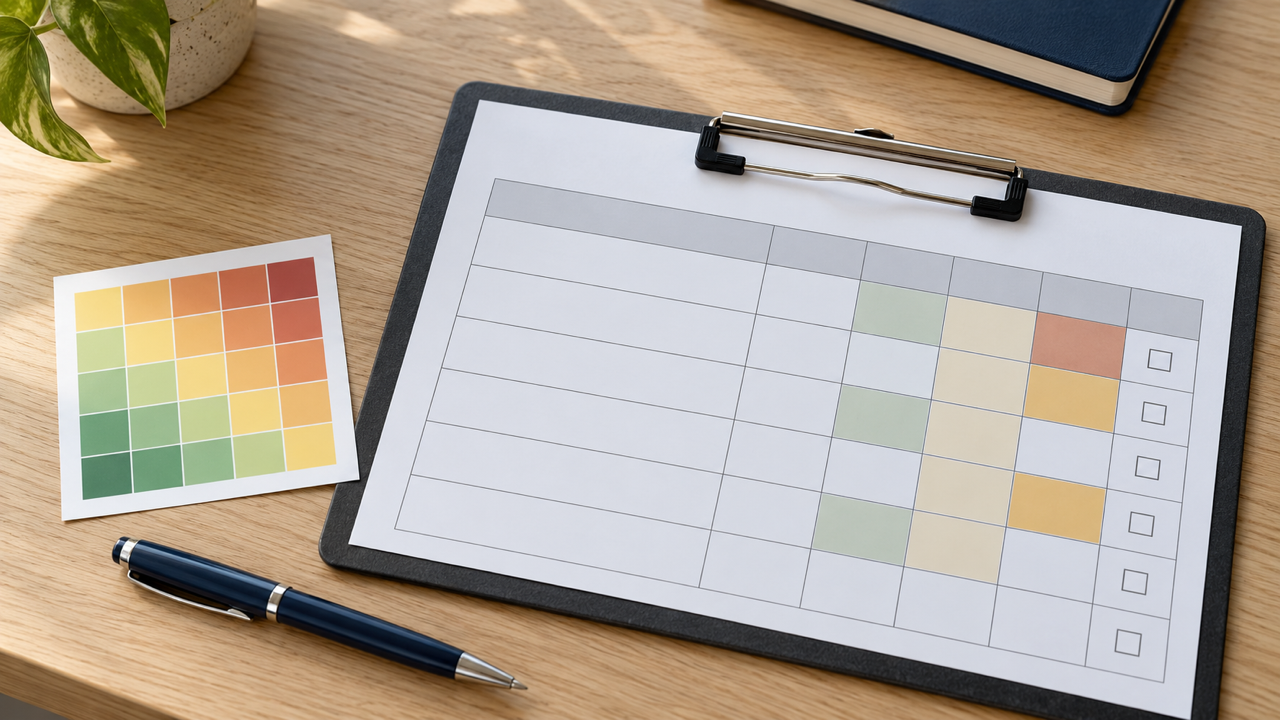 A blank risk assessment sheet on a clipboard beside a colour-coded risk matrix and pen