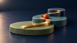 Abstract three-tier sculpture linked by a brass path, representing levels of workplace risk management