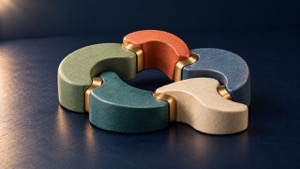 Abstract interlocking forms joined by brass connectors, representing risk management across business functions