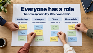 Everyone has a role: leadership sets direction, managers own and manage risks, teams identify and act, and risk specialists guide and coordinate.