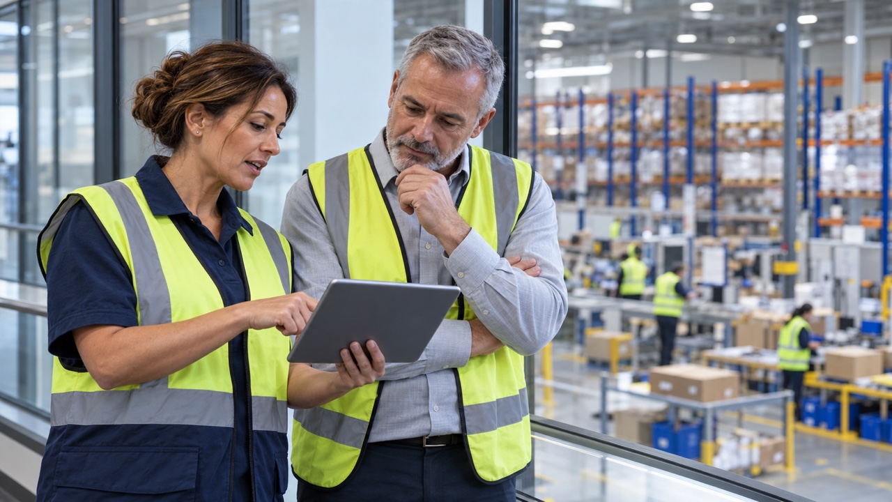 An operations lead and senior manager reviewing a tablet overlooking a working facility