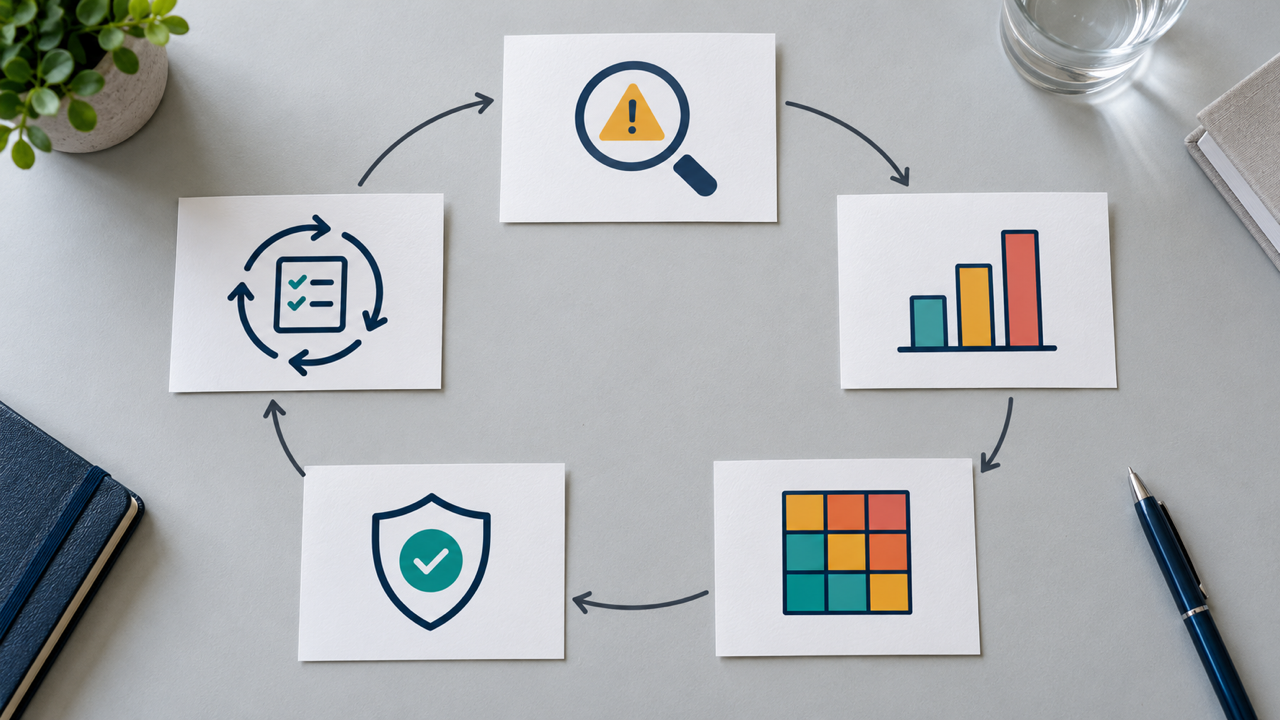 Five connected cards illustrating risk identification, analysis, evaluation, treatment and review