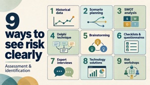 Nine ways to see risk clearly: historical data, scenario planning, SWOT analysis, Delphi technique, brainstorming, checklists and questionnaires, expert interviews, technology solutions, and risk workshops.