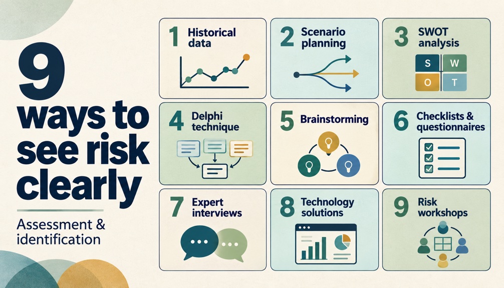 Nine ways to see risk clearly: historical data, scenario planning, SWOT analysis, Delphi technique, brainstorming, checklists and questionnaires, expert interviews, technology solutions, and risk workshops.
