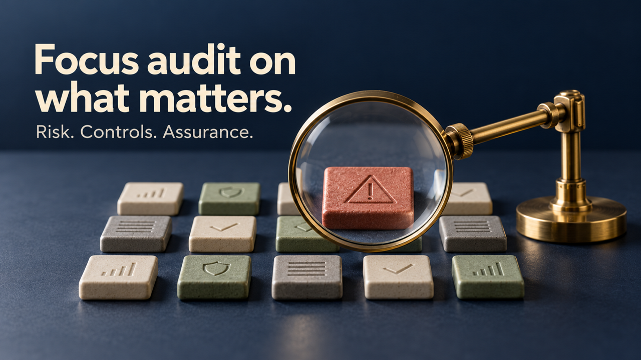 Focus audit on what matters. Risk, controls and assurance: a precision lens highlights one significant risk among a field of quieter control and evidence markers.
