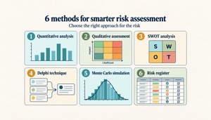 Six methods for smarter risk assessment: quantitative analysis, qualitative assessment, SWOT analysis, Delphi technique, Monte Carlo simulation, and a risk register.