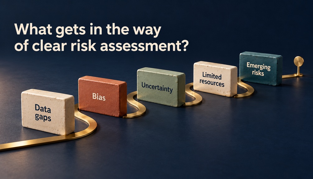 What gets in the way of clear risk assessment? Five barriers along a winding path represent data gaps, bias, uncertainty, limited resources, and emerging risks.