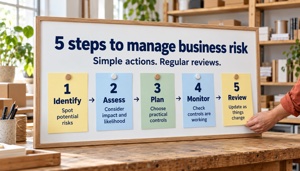 Five steps to manage business risk: identify potential risks, assess impact and likelihood, plan practical controls, monitor their effectiveness, and review as things change.