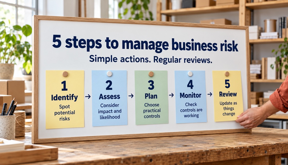 Five steps to manage business risk: identify potential risks, assess impact and likelihood, plan practical controls, monitor their effectiveness, and review as things change.