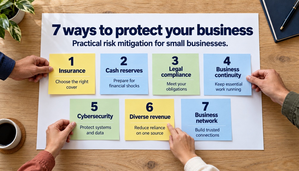 Seven ways to protect your business: insurance, cash reserves, legal compliance, business continuity, cybersecurity, diverse revenue, and a trusted business network.