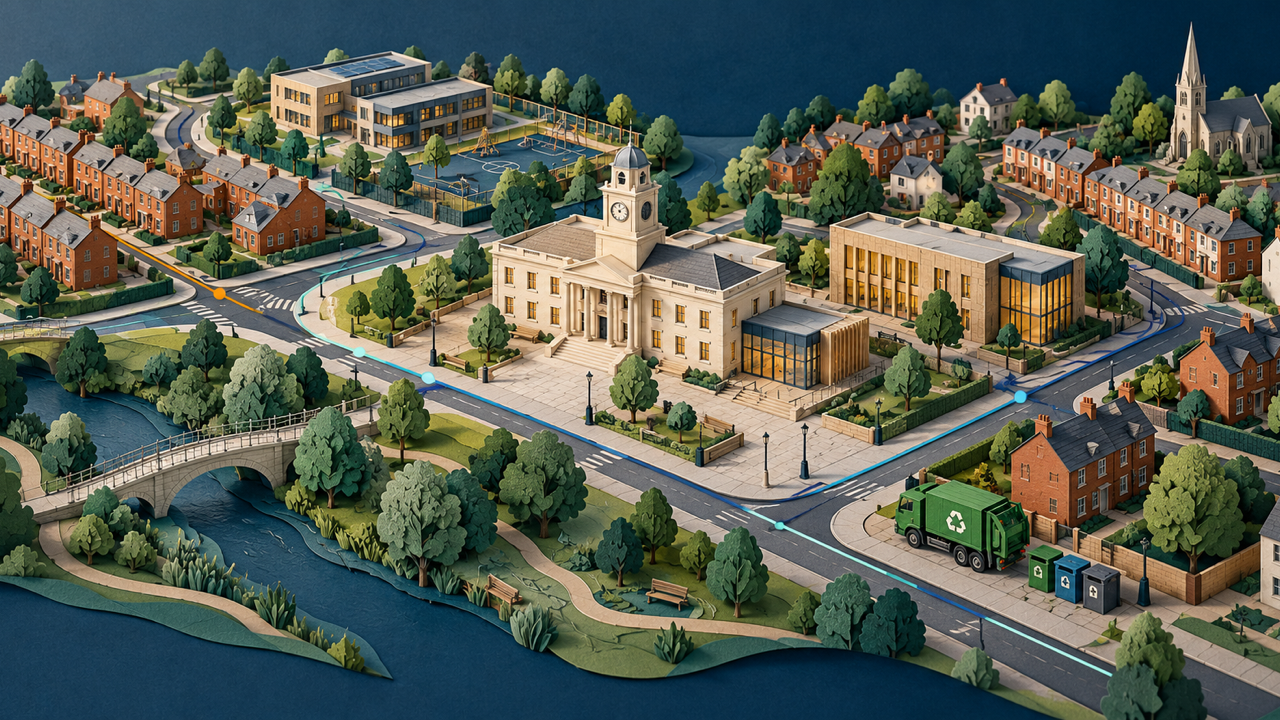 Layered paper-cut model of a British town linking its council, school, housing, park and waste services, illustrating connected public services through local government change.